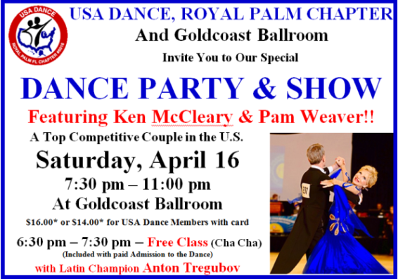 USA Dance Night - Special Dance Party & Show - Saturday, April 16, 2016 - Featuring Ken McCleary & Pam Weaver! 