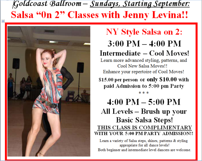 Jenny Levina - Salsa On 2 Classes - Two Classes Every Sunday at Goldcoast Ballroom - Starting in September, 2016