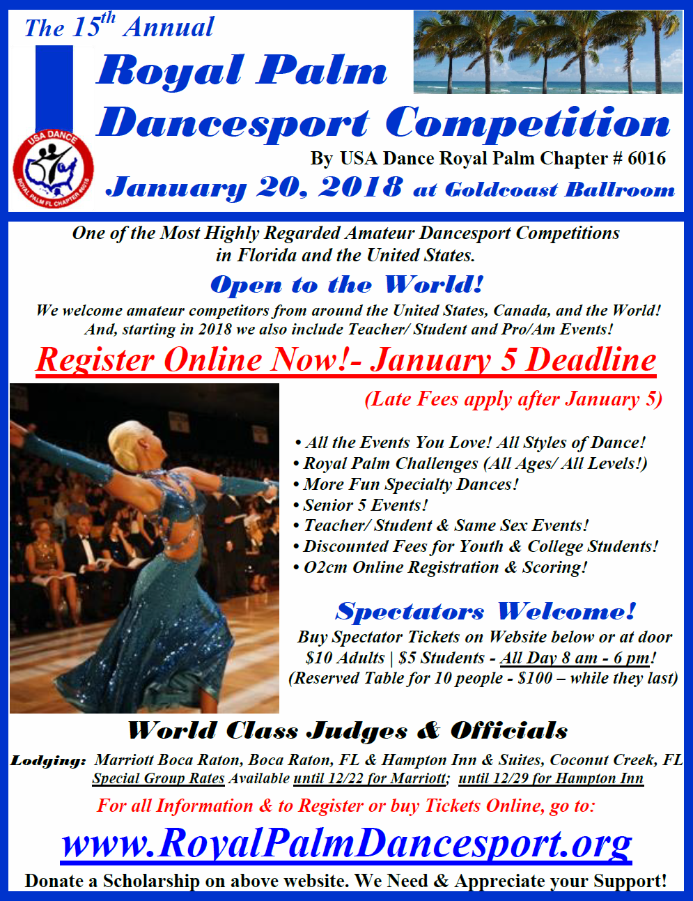 15th Annual USA Dance Royal Palm Dancesport Competition - January 20, 2017 at Goldcoast Ballroom! - Register or Buy Spectator Tickets Now!