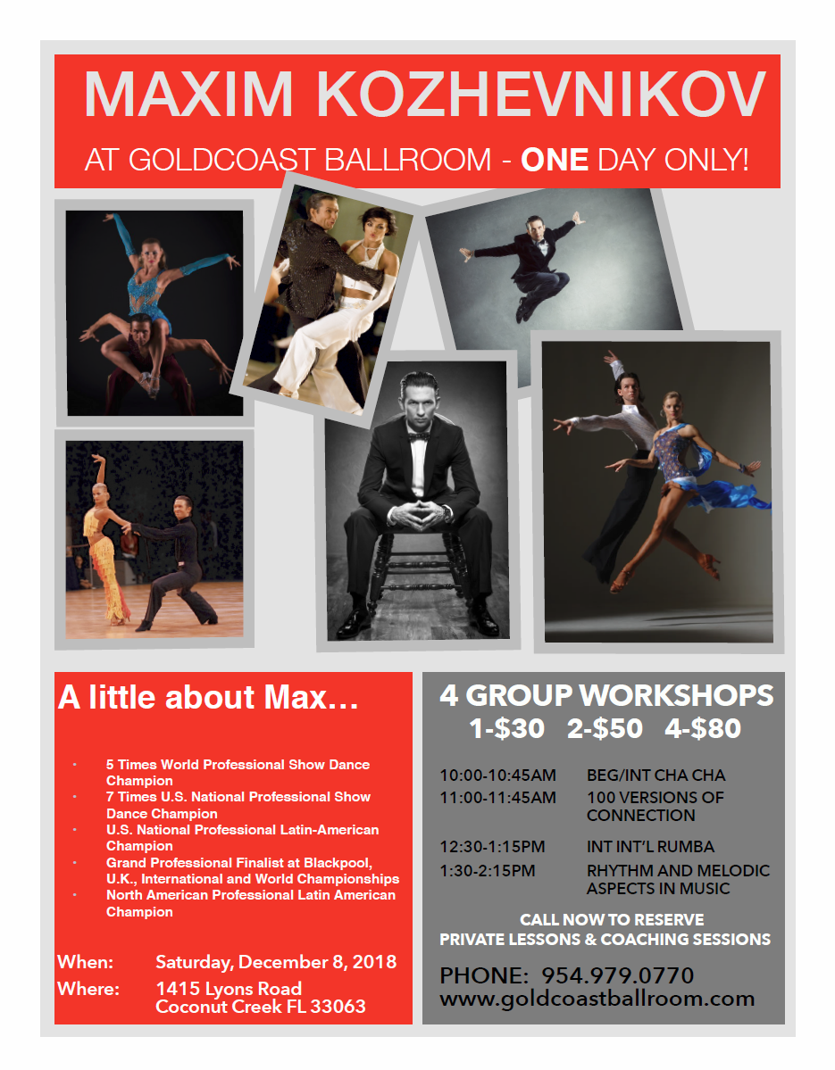 Maxim Kozhevnikov 4 Master Workshops - Saturday, December 8, 2018 at Goldcoast Ballroom! + Call Now to Schedule Private Lessons or Coaching for December 8