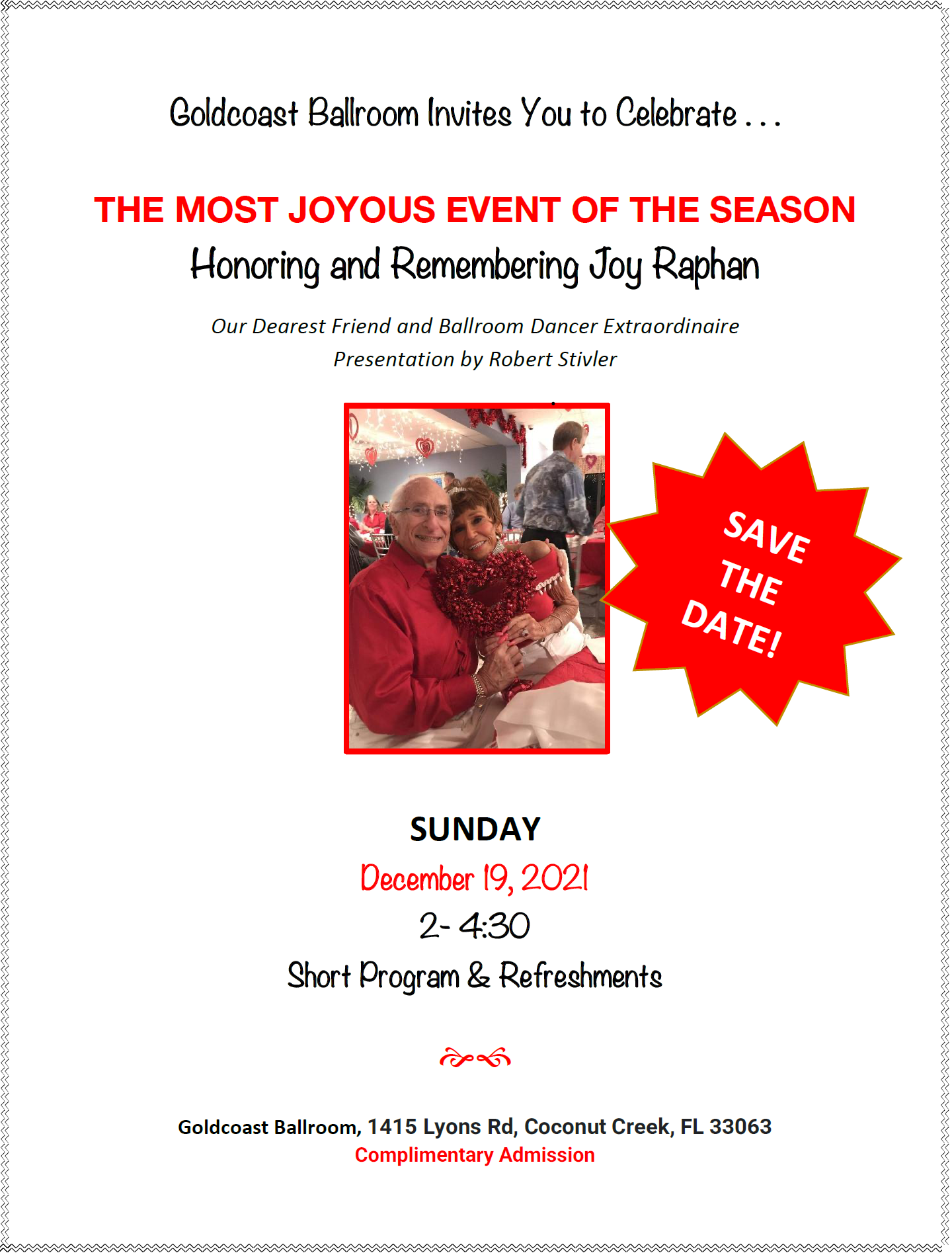 Special Event Honoring & Remembering Joy Rafan - Sun Dec 19 - 2 pm - 4:30 pm - Admission & Refreshments Complimentary 