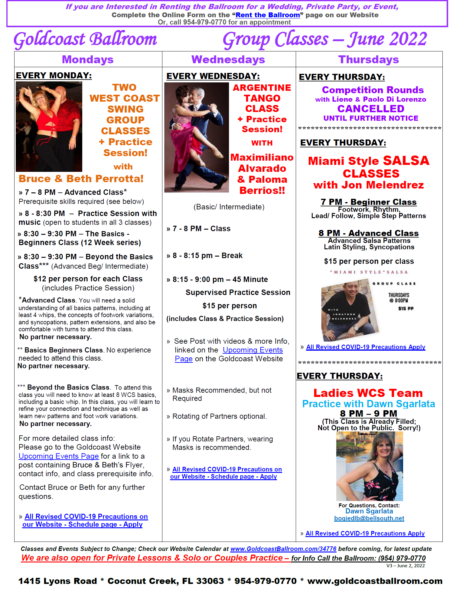 Goldcoast Ballroom June, 2022 Calendar - Group Class Schedule - Click to view as PDF doc with clickable links