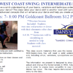 Every Monday – Three LA Style West Coast Swing Classes + Practice Session – with Bruce & Beth Perrotta!! – $15.00 per person per class (Practice Session included)