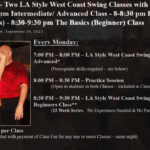 Every Monday – Three LA Style West Coast Swing Classes + Practice Session – with Bruce & Beth Perrotta!! – $15.00 per person per class (Practice Session included)