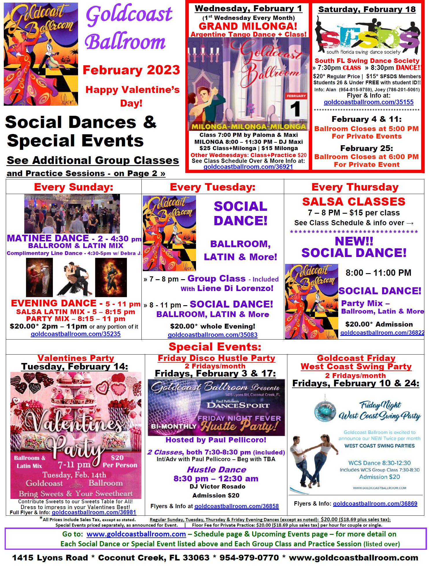 Goldcoast Ballroom February 2023 Calendar - Social Dances & Special Events