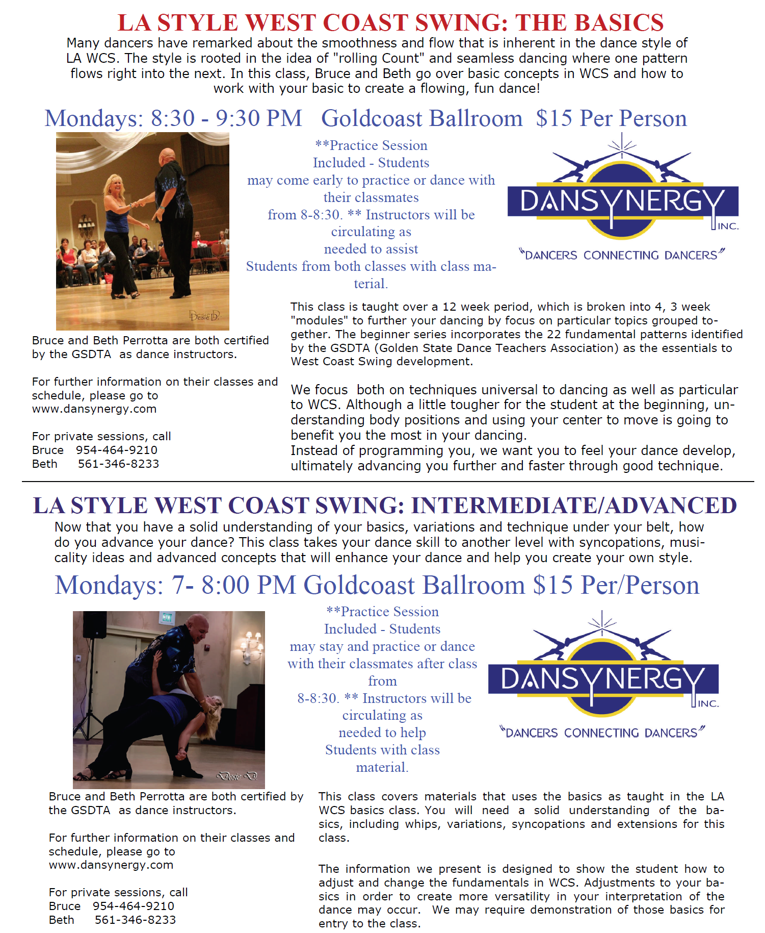 LA Style WCS Classes with Bruce & Beth Perrotta - Schedule & pricing starting in May 2023