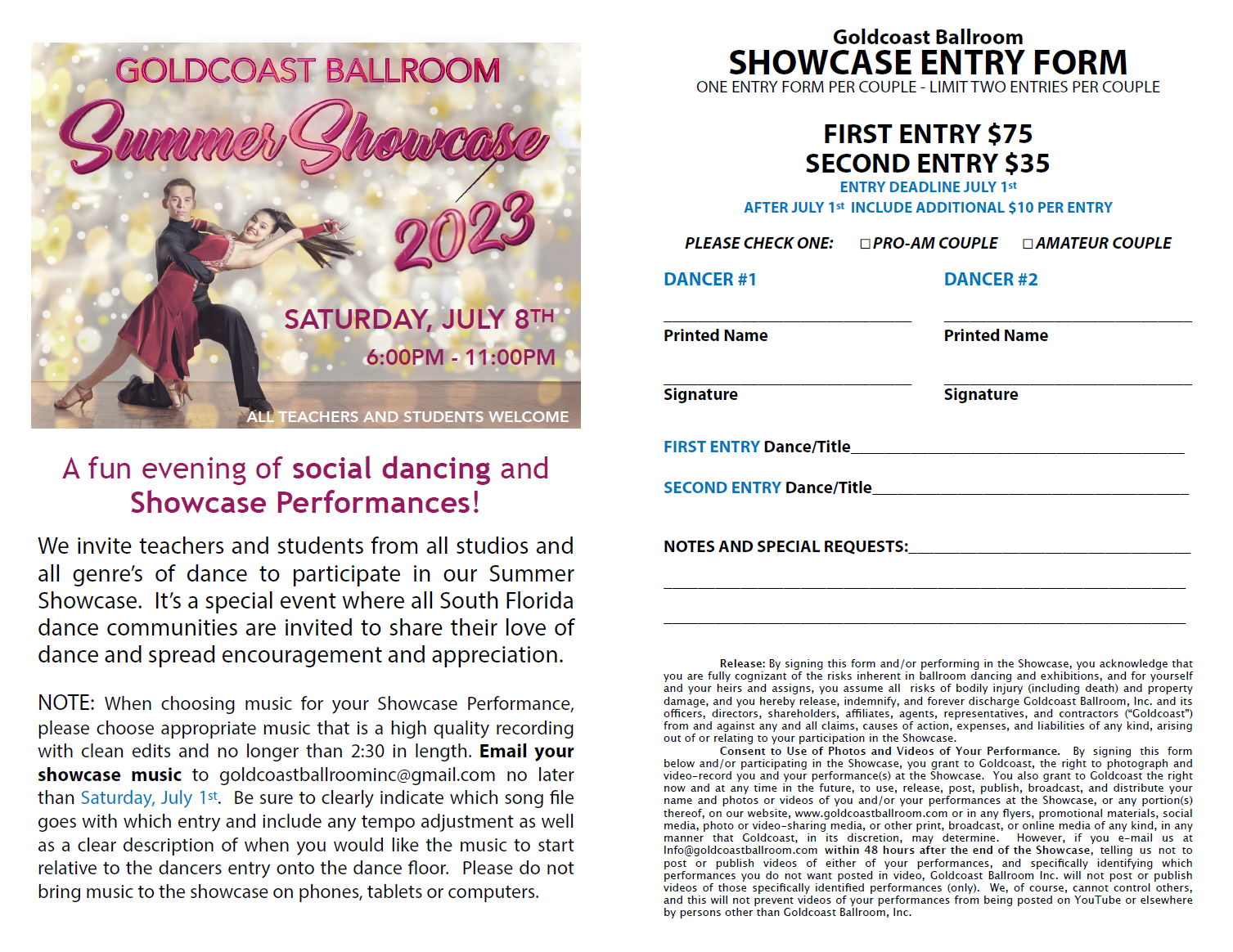 Goldcoast Ballroom Summer Showcase Entry Form - 2023