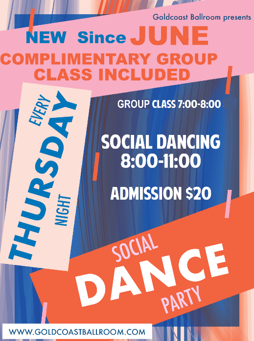 THURSDAYS in September:  Complimentary Group Class 7-8 PM (Included in Admission) – SOCIAL DANCING  8-11 PM!! (Ballroom, Latin & Social Dances) – $20. For the Whole Evening