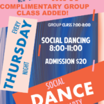 THURSDAYS in June:  Complimentary Group Class 7-8 PM (Included in Admission) – SOCIAL DANCING  8-11 PM!! (Ballroom, Latin & Social Dances) – $20. For the Whole Evening