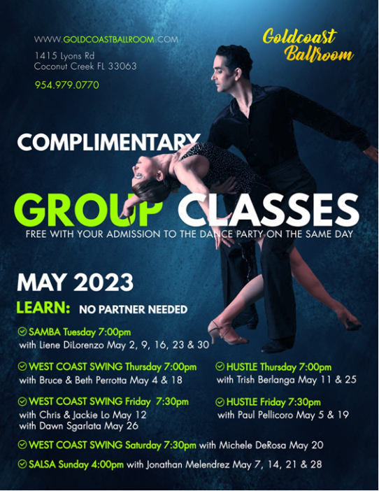 May 2023 Complimentary Group Classes at Goldcoast Ballroom - Flyer