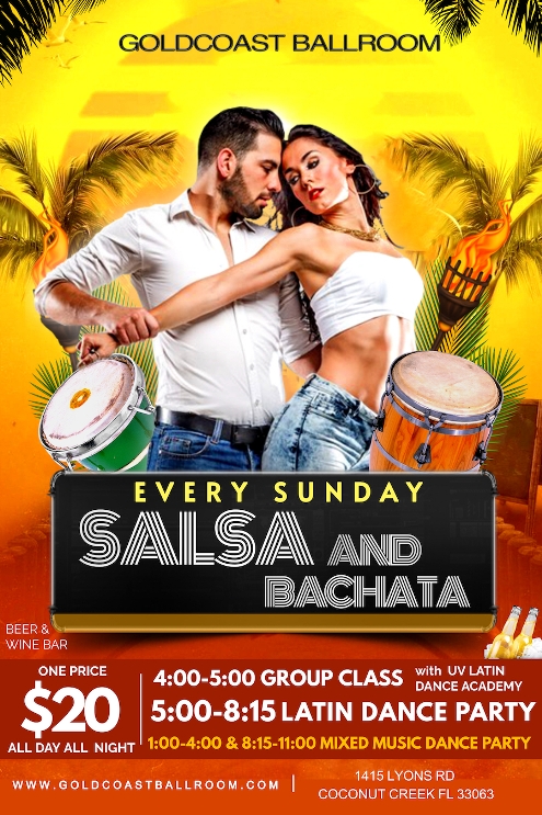Sundays in September – MATINEE DANCE (1-4:00 PM!) – SALSA & BACHATA GROUP CLASSES with UV Latin Dance Academy! (4-5 PM – Complimentary with Sunday Admission!) – SALSA & BACHATA DANCE PARTY (5 PM – 8:15 PM) – blends into LATIN, BALLROOM & SOCIAL DANCES PARTY – until 11:00 PM!  – $20 Whole Sunday (1 PM – 11 PM)!!