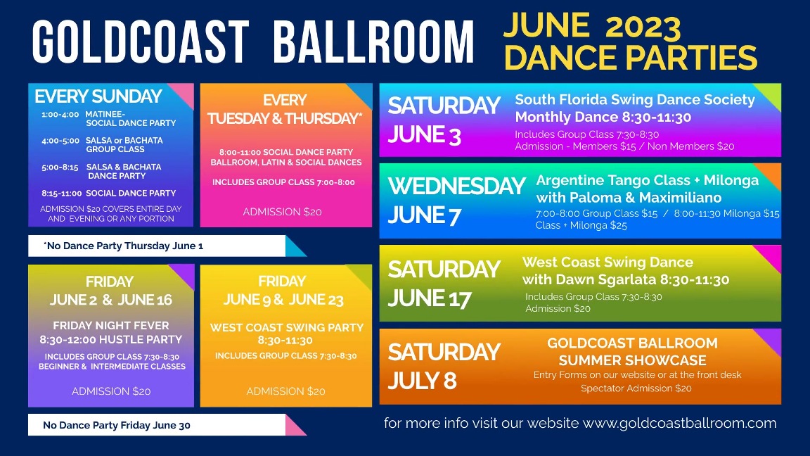 June 2023 Upcoming Events at Goldcoast Ballroom - Digital Display by Vinny - Click to Enlarge