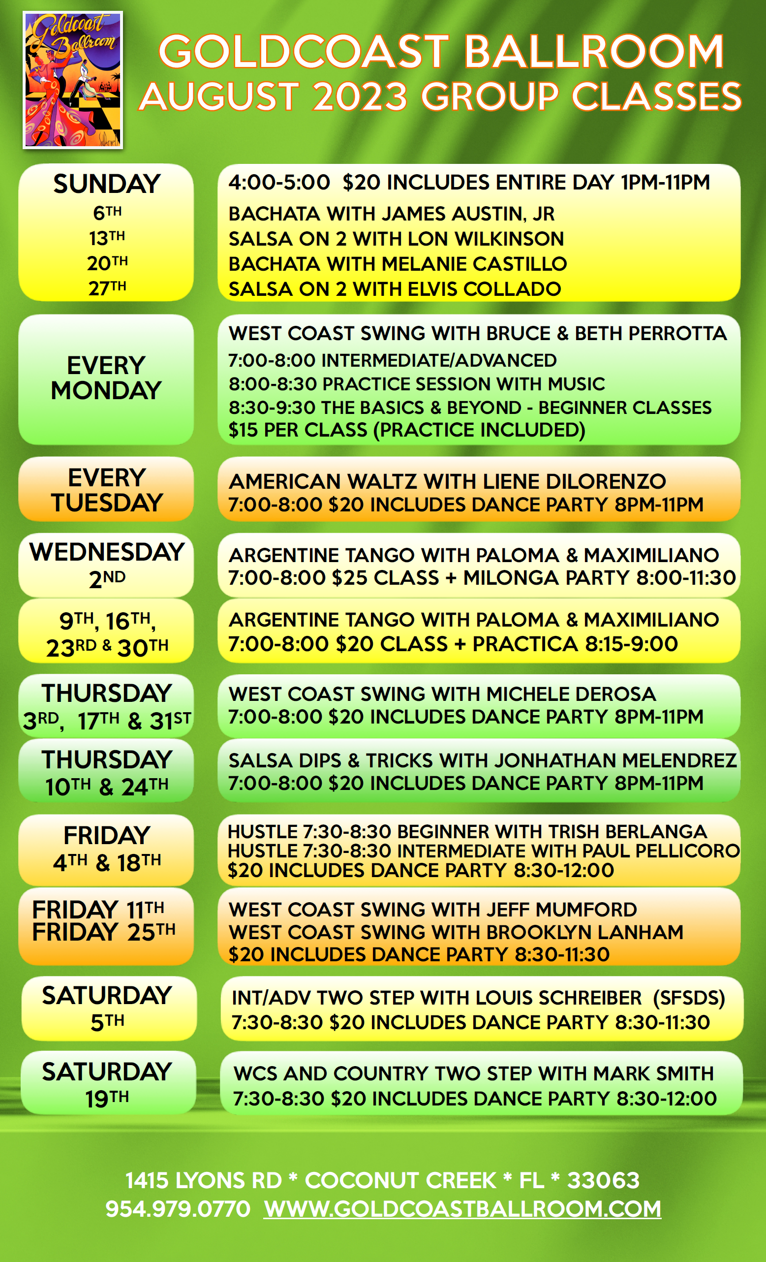 August 2023 Group Classes at Goldcoast Ballroom