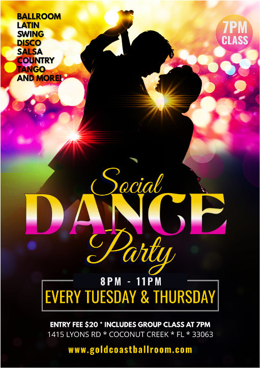 Every Tuesday & Thursday Evening – Social Dance Party: Ballroom, Latin & More – 8:00 PM -11:00 PM Dance – 7-8 PM Class with Liene Di Lorenzo (included)! – $20.00 for the Evening! – at Goldcoast Ballroom