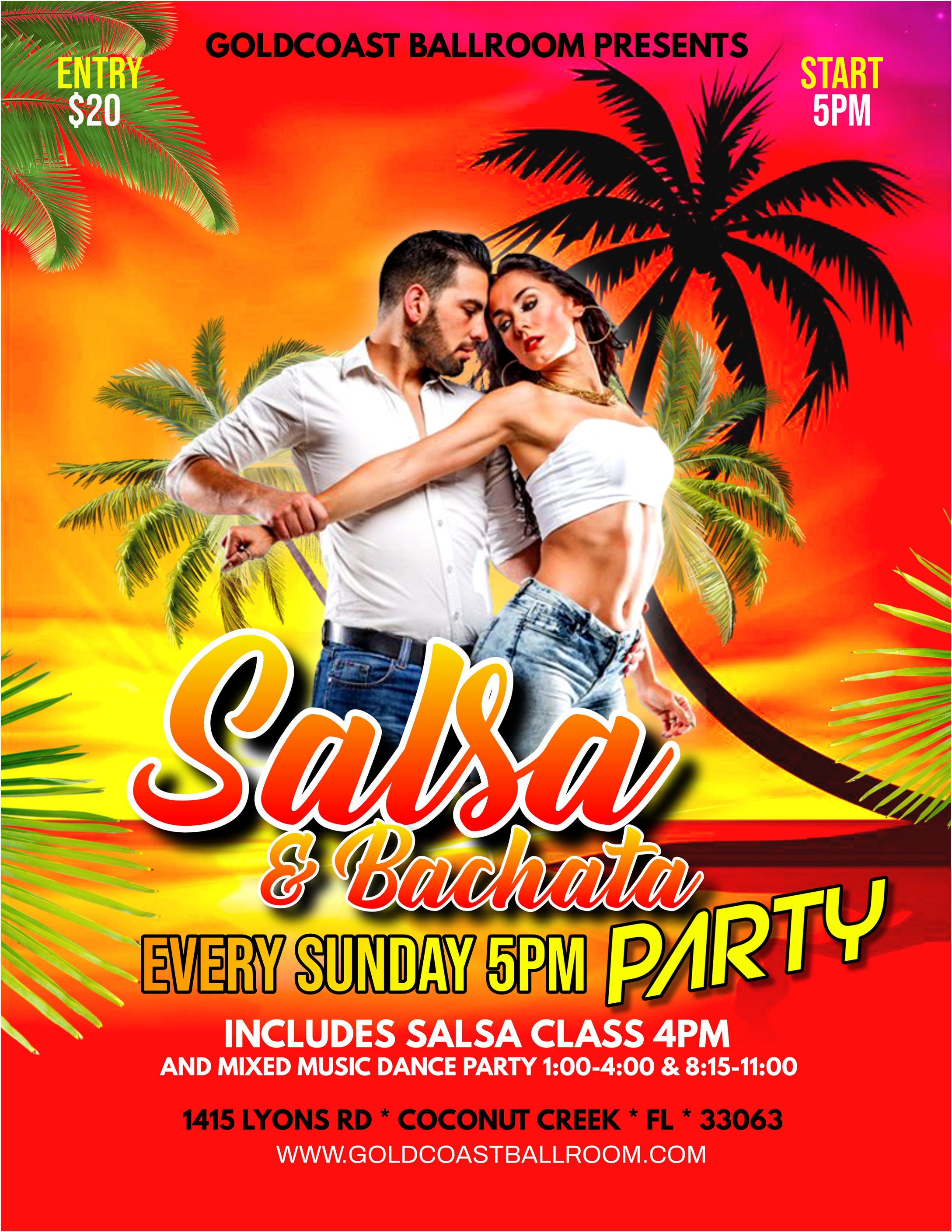 Every Sunday at Goldcoast Ballroom - Salsa & Bachata Party, Class & Mixed Music Dances