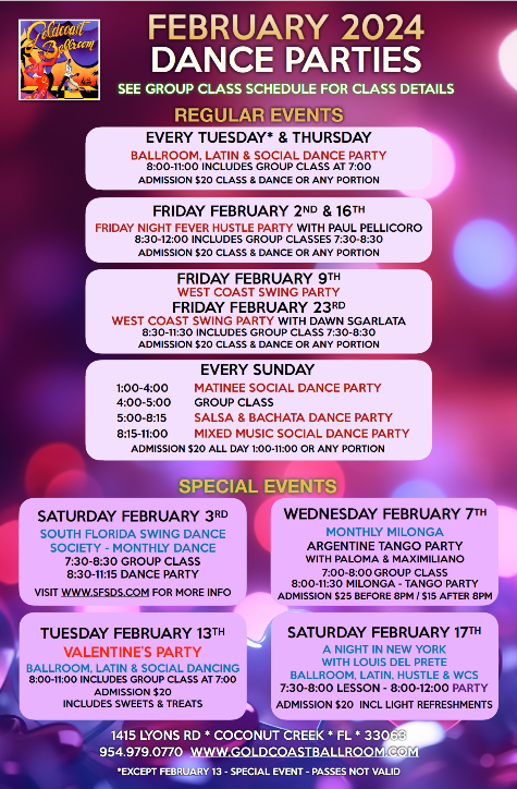 February 2024 Dance Parties at Goldcoast Ballroom