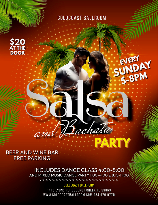 Every Sunday – MATINEE DANCE (1-4:00 PM!) – SALSA & BACHATA GROUP CLASSES (4-5 PM – Included with Sunday Admission!) – SALSA & BACHATA DANCE PARTY (5 PM – 8:15 PM) – LATIN, BALLROOM & SOCIAL DANCE PARTY 8:15 PM – 11:00 PM!  – $20 Whole Sunday (1 PM – 11 PM)!!