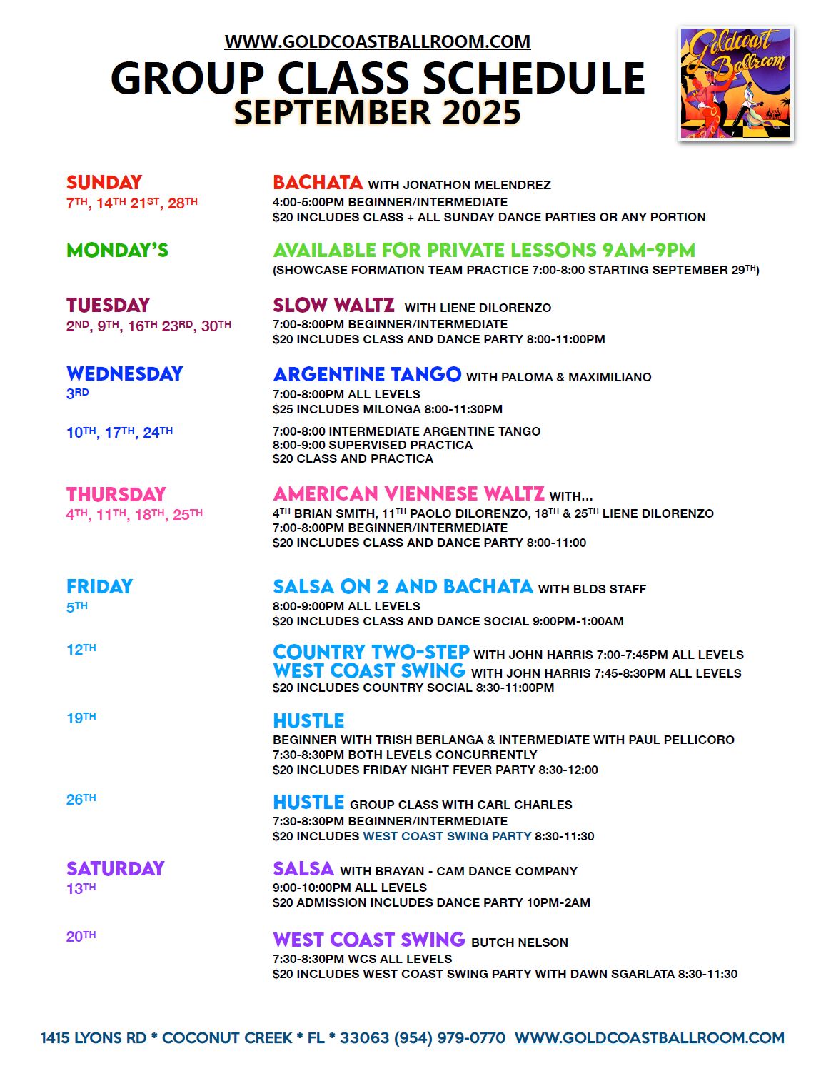 September 2025 Group Class Schedule at Goldcoast Ballroom
