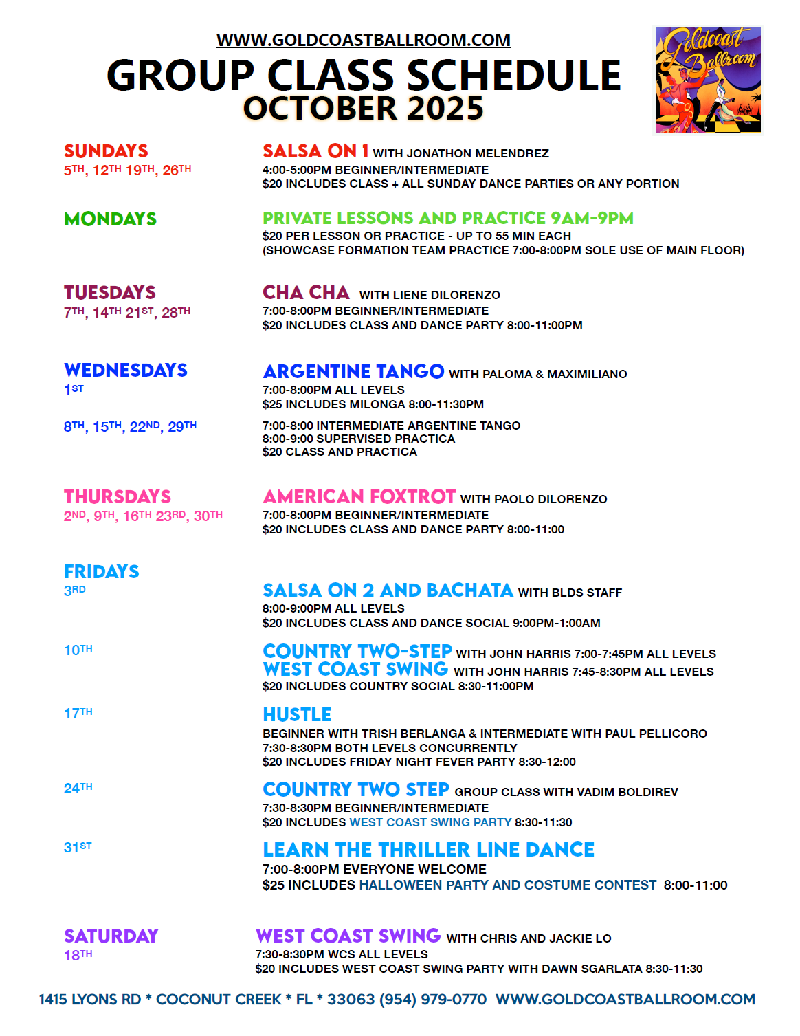 October 2025 Group Class Schedule at Goldcoast Ballroom