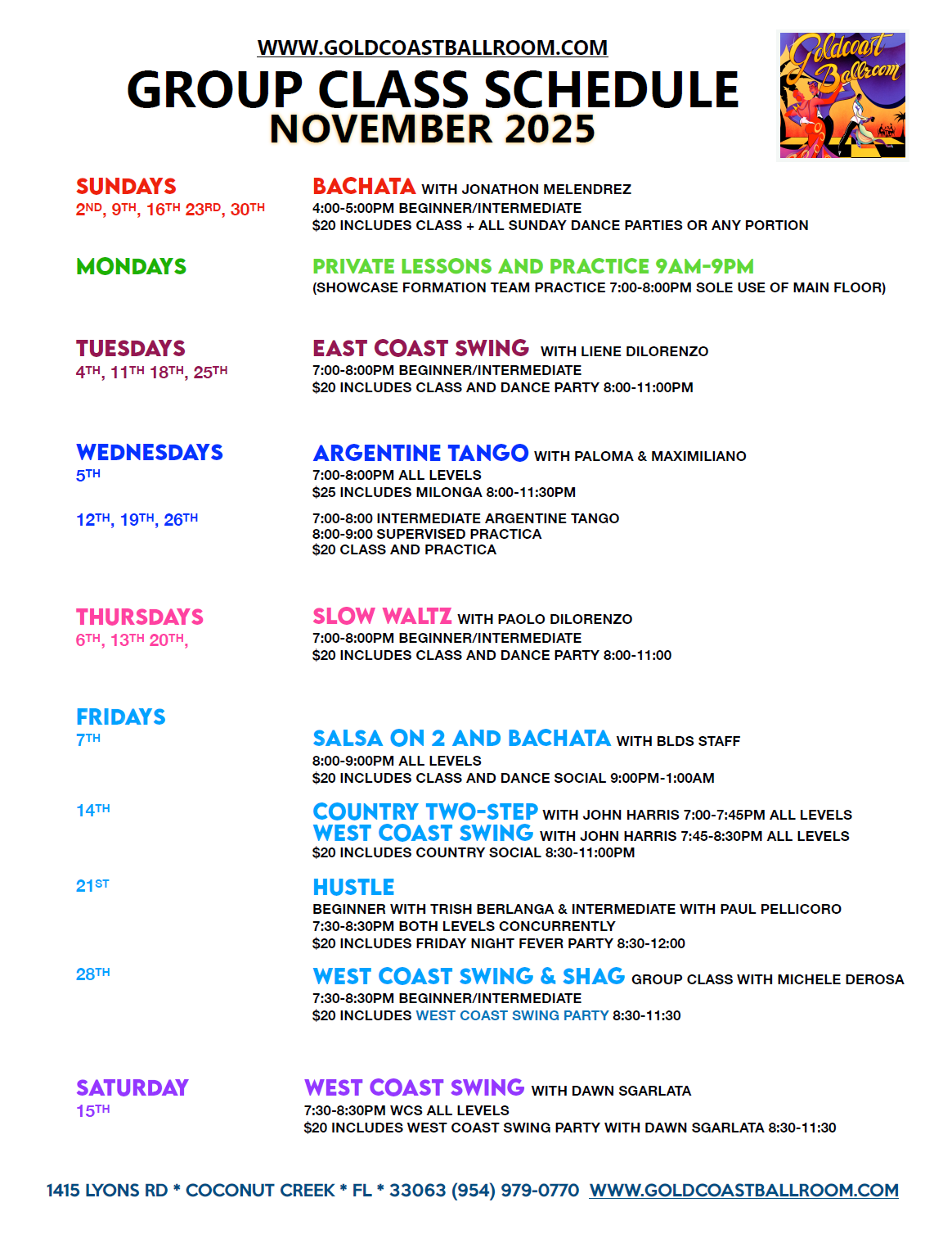November 2025 Group Class Schedule at Goldcoast Ballroom