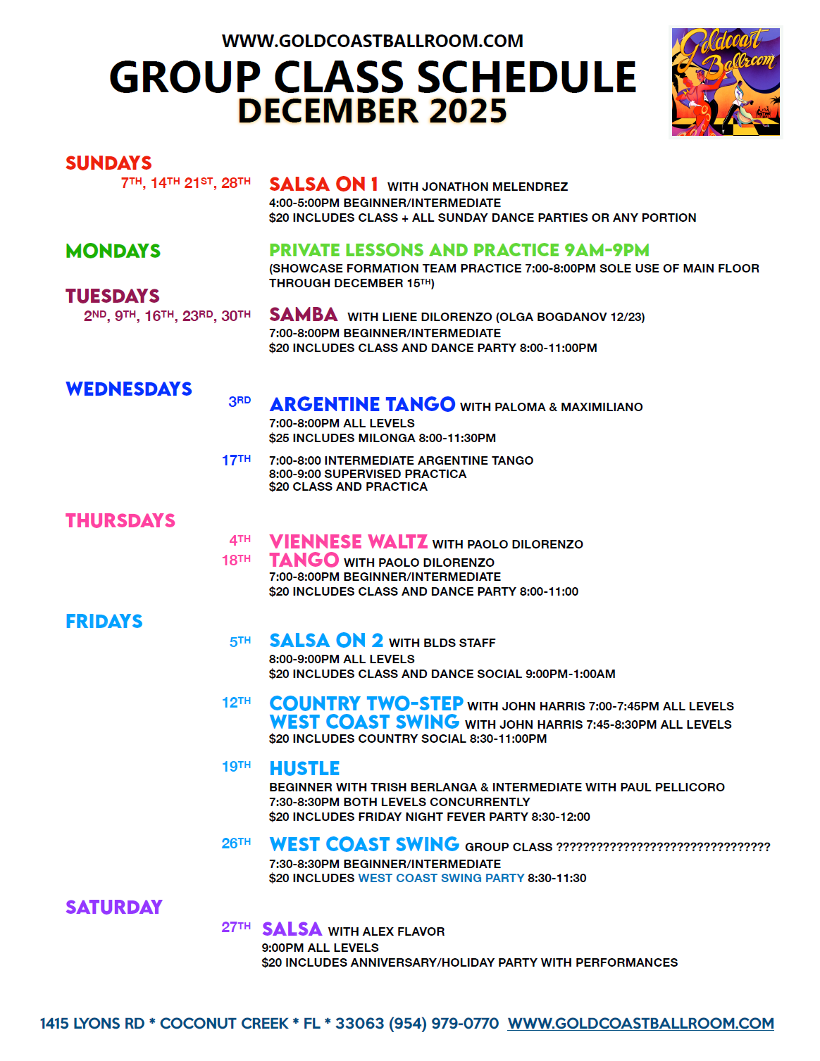 December 2025 Group Class Schedule at Goldcoast Ballroom - V2 December 2025 Group Class Schedule at Goldcoast Ballroom - V2