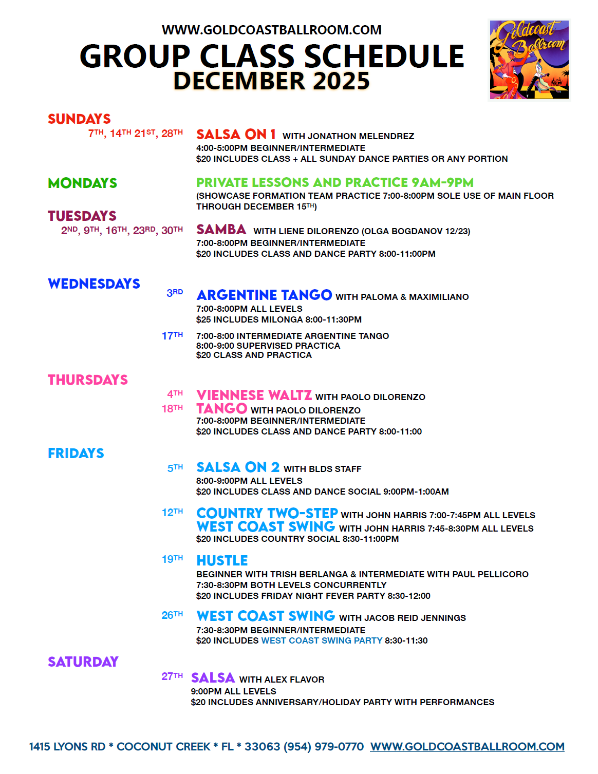 December 2025 Group Class Schedule at Goldcoast Ballroom - V3