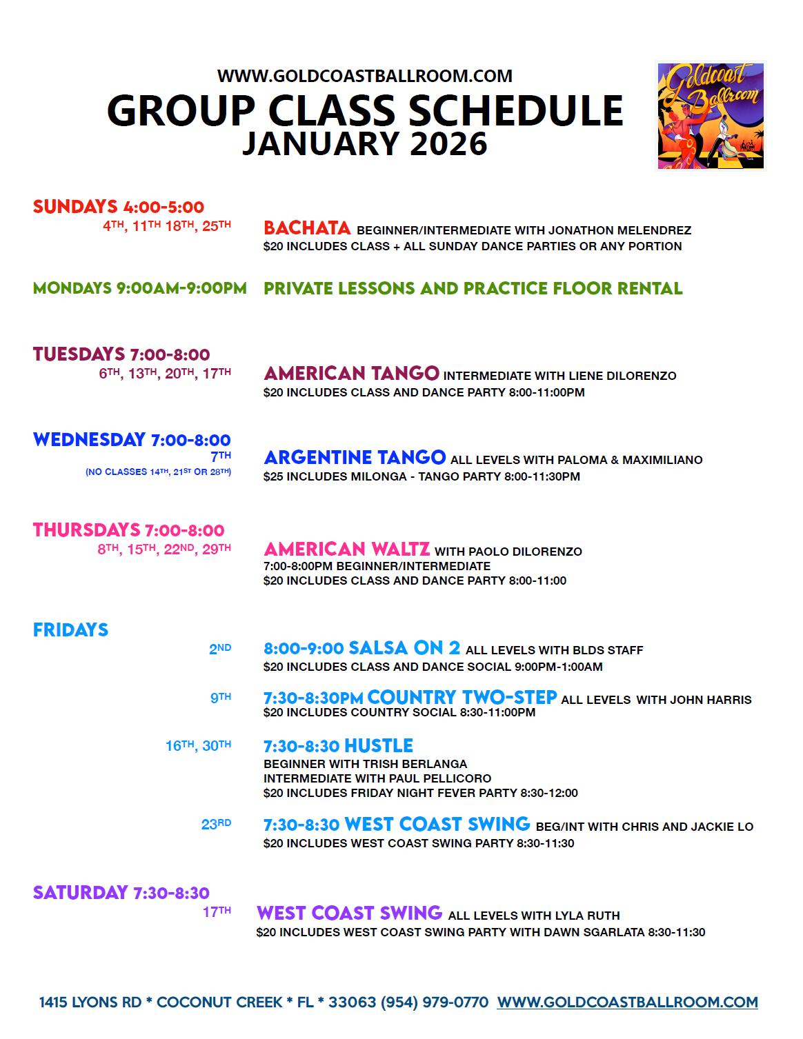 January 2026 Group Class Schedule at Goldcoast Ballroom - V4