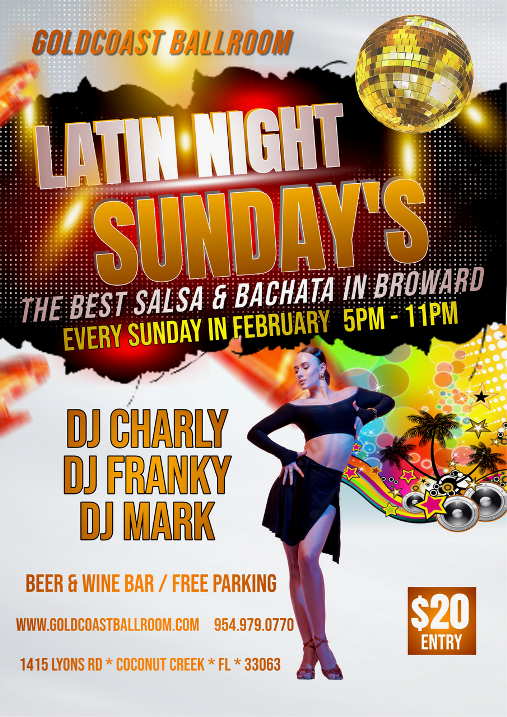 Every Sunday – MATINEE DANCE (1-4:00 PM!) – GROUP CLASS (4-5 PM – Included with Sunday Admission!) – LATIN NIGHT DANCE PARTY (5 PM – 11:00 PM) – $20 Whole Sunday (1 PM – 11 PM)!!