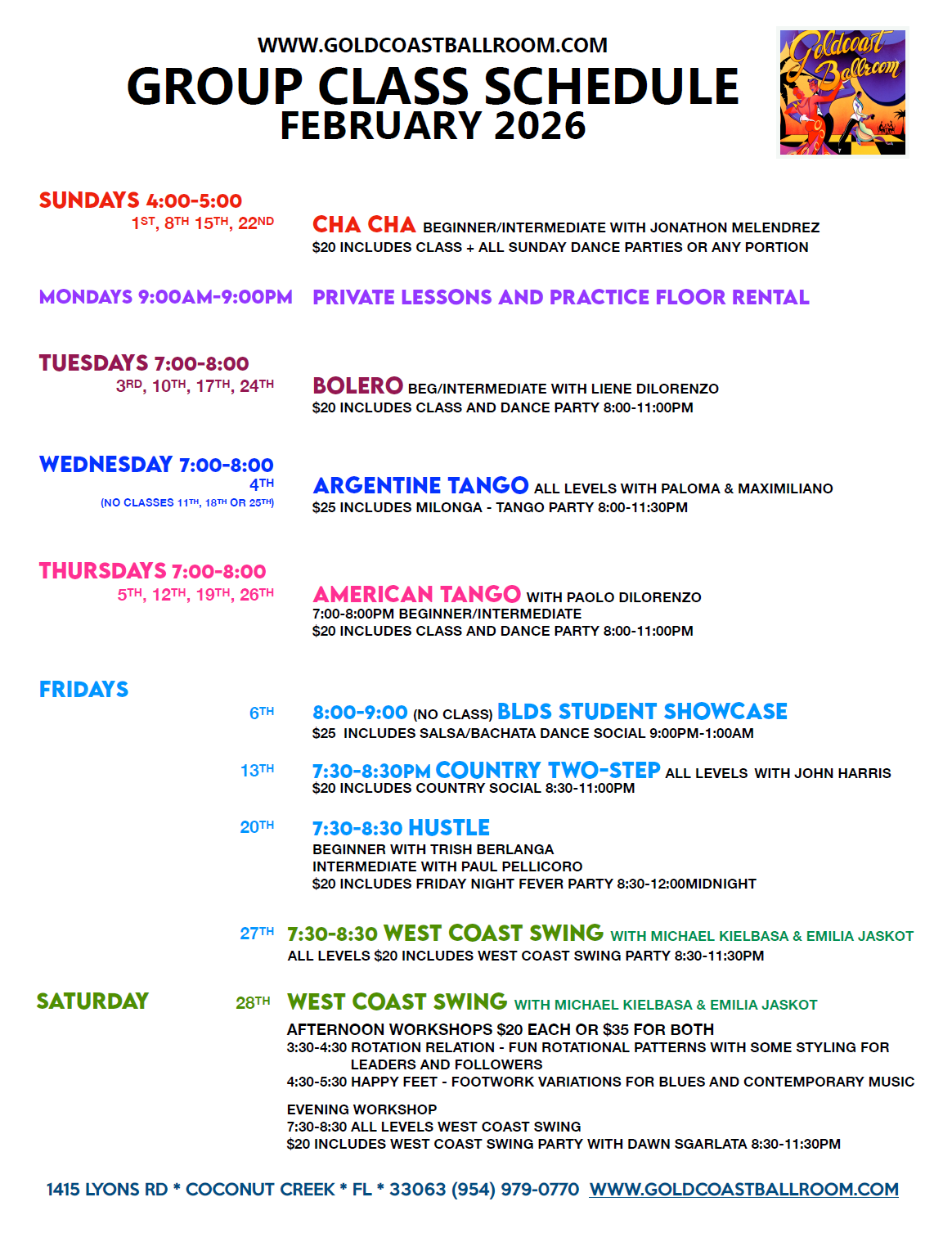 February 2026 Group Class Schedule at Goldcoast Ballroom