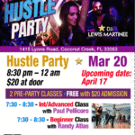 Friday, March 20 – Friday Night Fever Hustle Party at Goldcoast Ballroom! – 2 Concurrent Classes 7:30-8:30 PM (included) – Hustle Party 8:30 PM to 12:00 Midnight! – $20.* Admission – Hosted by Paul Pellicoro! – DJ Lewis Martinee of Miami!