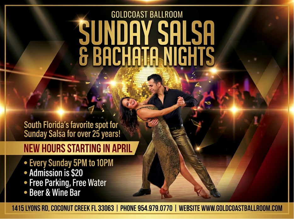 Every Sunday – MATINEE DANCE (1-4:00 PM!) – GROUP CLASS (4-5 PM – Included with Sunday Admission!) – LATIN NIGHT DANCE PARTY (5 PM – 10:00 PM) – $20 Whole Sunday (1 PM – 10 PM)!!