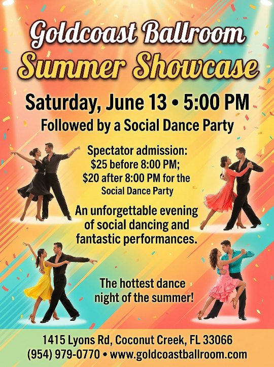 Goldcoast Ballroom SUMMER SHOWCASE!! – Saturday, June 13, 2026 – Enter Now! – A Fun Evening of Showcase Performances & Social Dancing! – 5:00 PM – 8:00 PM Showcase Performances; 8:00 PM – 11:00 PM Social Dance Party – Spectator Admission: $25 Before 8:00 PM; $20 After 8:00 PM – Enter NOW to Dance in the Showcase! – Entry Form Found Here
