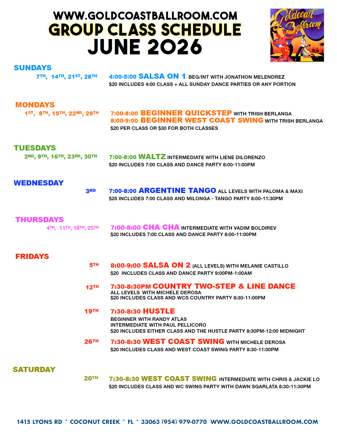 June 2026 Group Class Schedule at Goldcoast Ballroom - V3