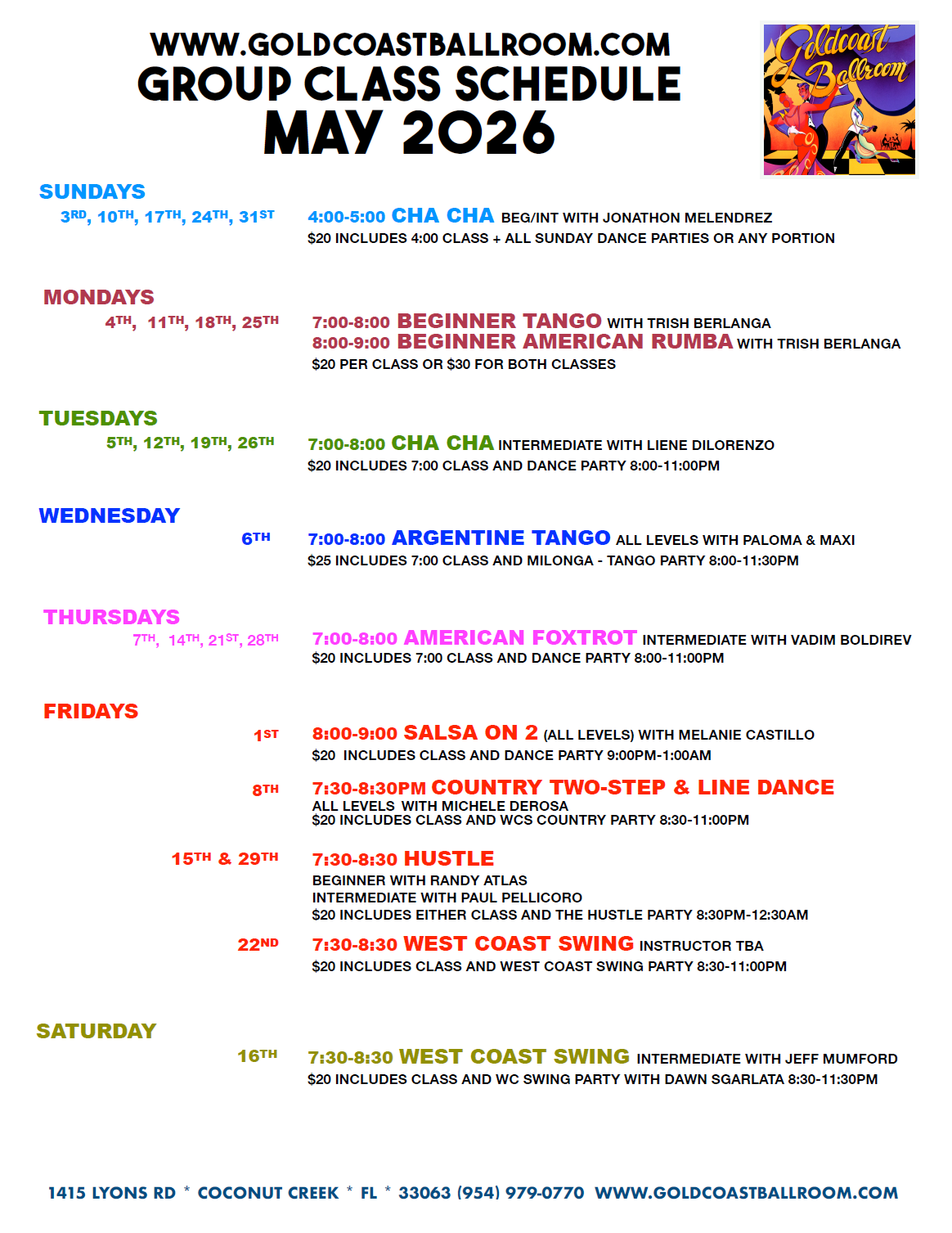 May 2026 Group Classes at Goldcoast Ballroom