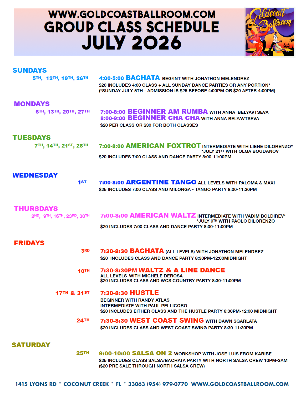 July 2026 Group Class Schedule at Goldcoast Ballroom