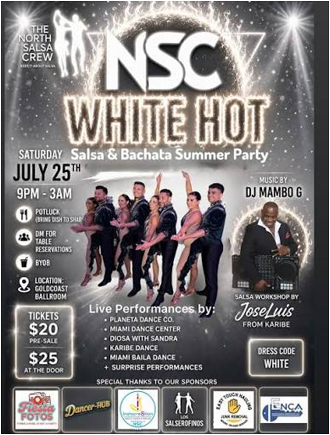 North Salsa Crew White Hot Summer Party - July 25, 2026 at Goldcoast Ballroom! North Salsa Crew White Hot Summer Party - July 25, 2026 at Goldcoast Ballroom!