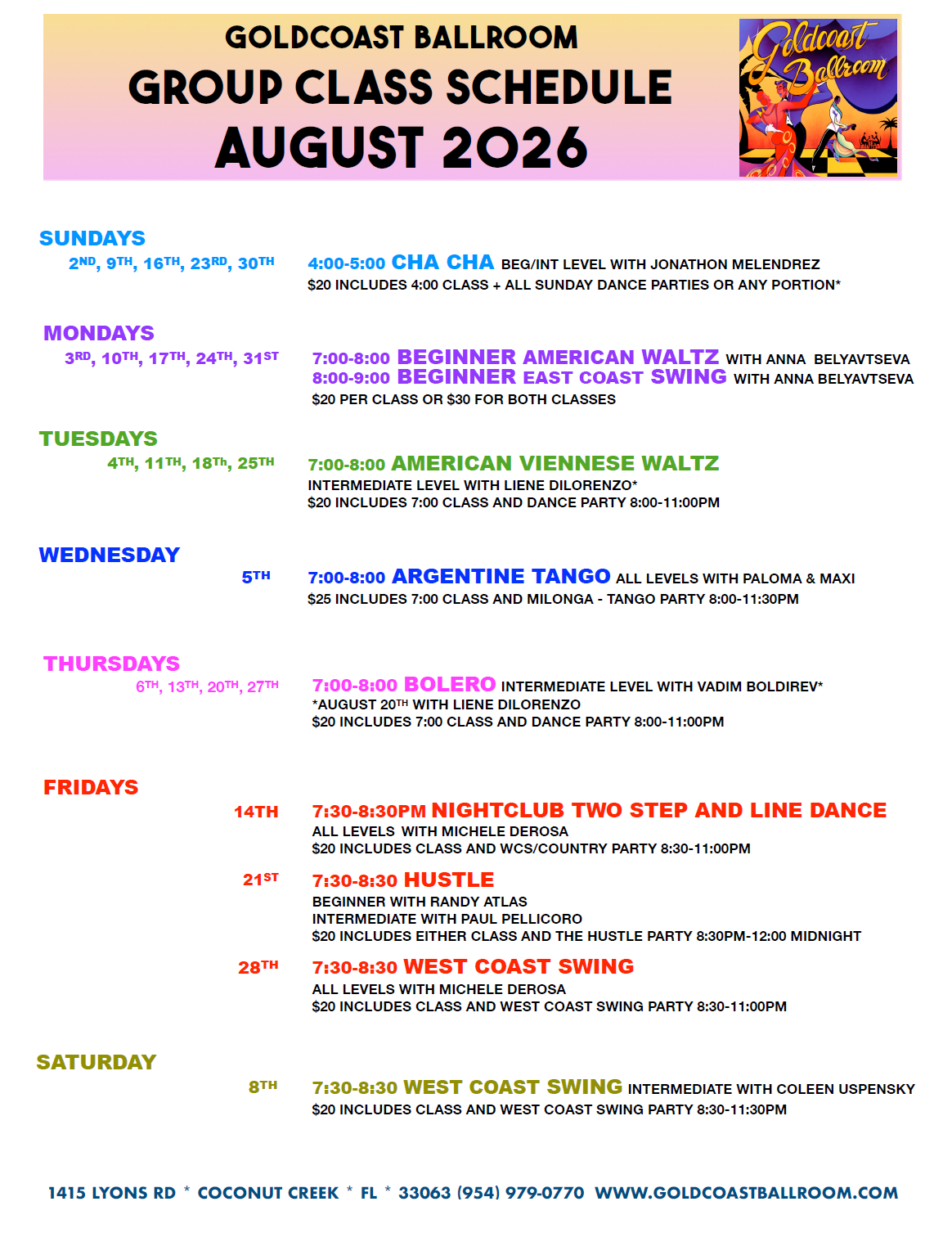 August 2026 Group Class Schedule at Goldcoast Ballroom August 2026 Group Class Schedule at Goldcoast Ballroom
