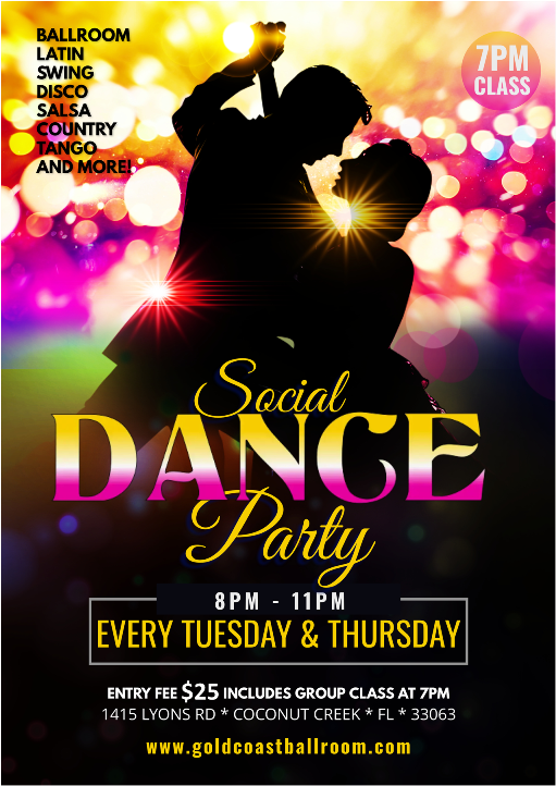 Every Tuesday & Thursday Evening – Social Dance Party: Ballroom, Latin & More – 8:00 PM -11:00 PM Dance – 7-8 PM Class included – with Liene Di Lorenzo (Tuesdays) or Paolo Di Lorenzo or Vadim Boldirev (Thursdays) – $25.00 for the Evening! – at Goldcoast Ballroom