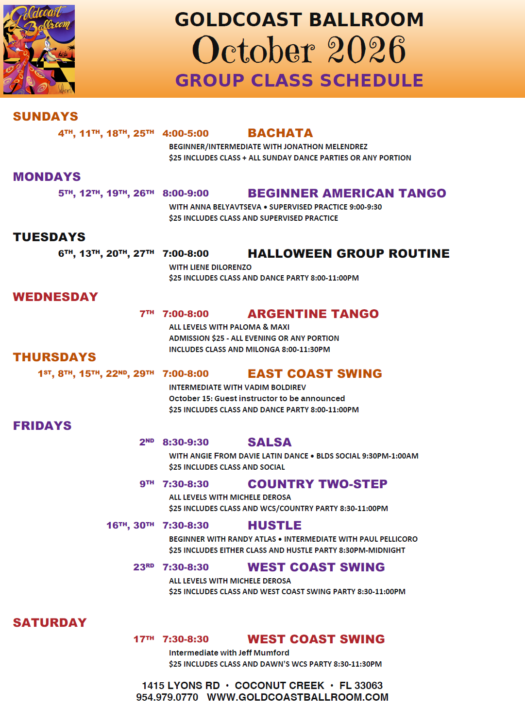 October 2026 Group Class Schedule at Goldcoast Ballroom October 2026 Group Class Schedule at Goldcoast Ballroom